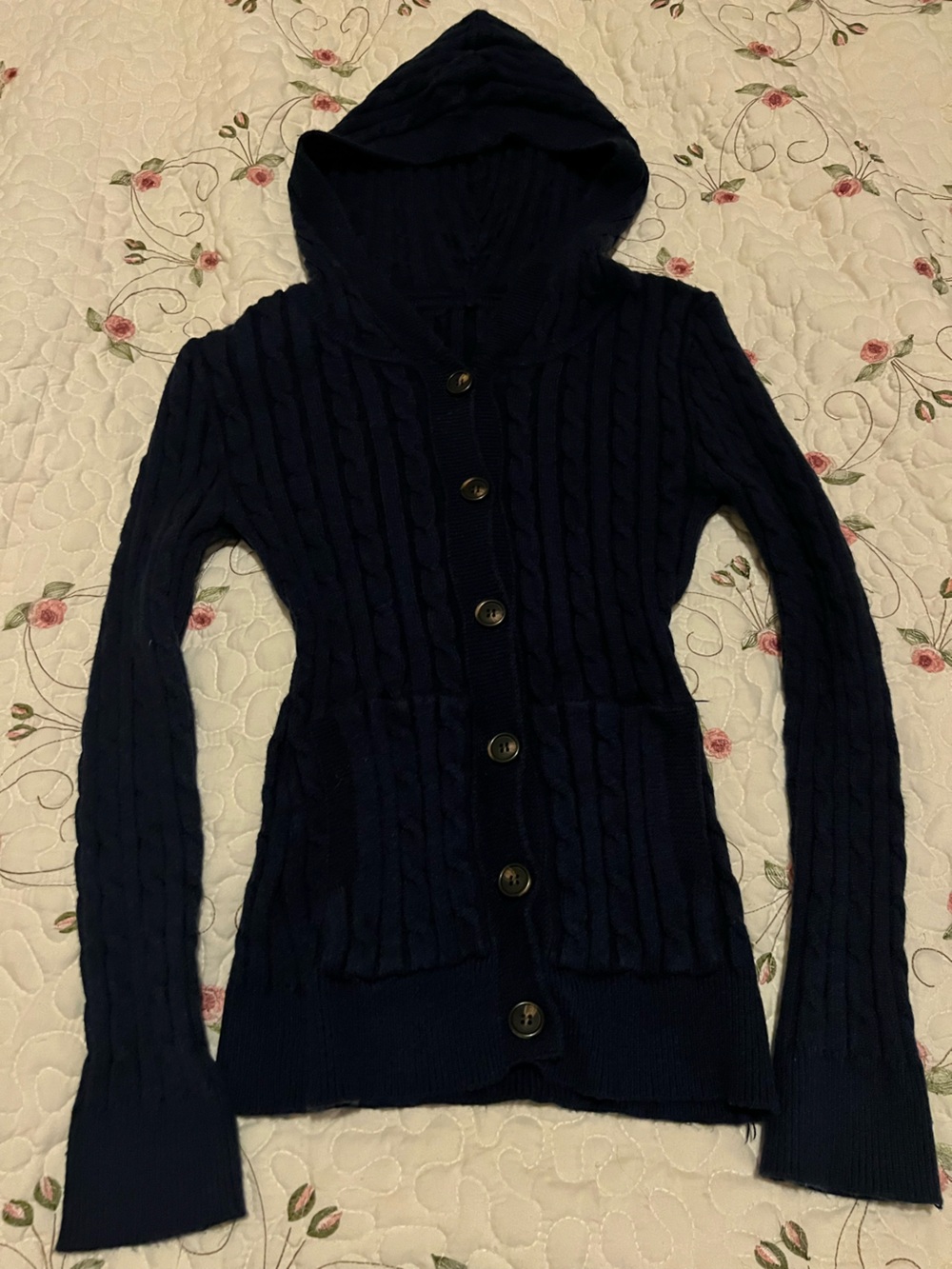 Cider Navy Cable-Knit Hooded Cardigan